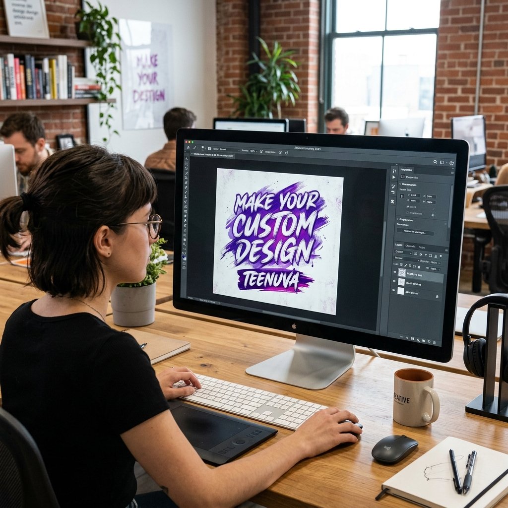 Designer in office working on Photoshop digital graphic design workspace